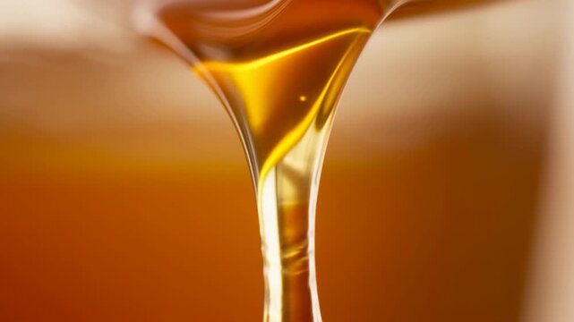 Flowing honey drips from a spoon in a warm macro food preparation scene. Food advertising, honey packaging, and breakfast promotion.