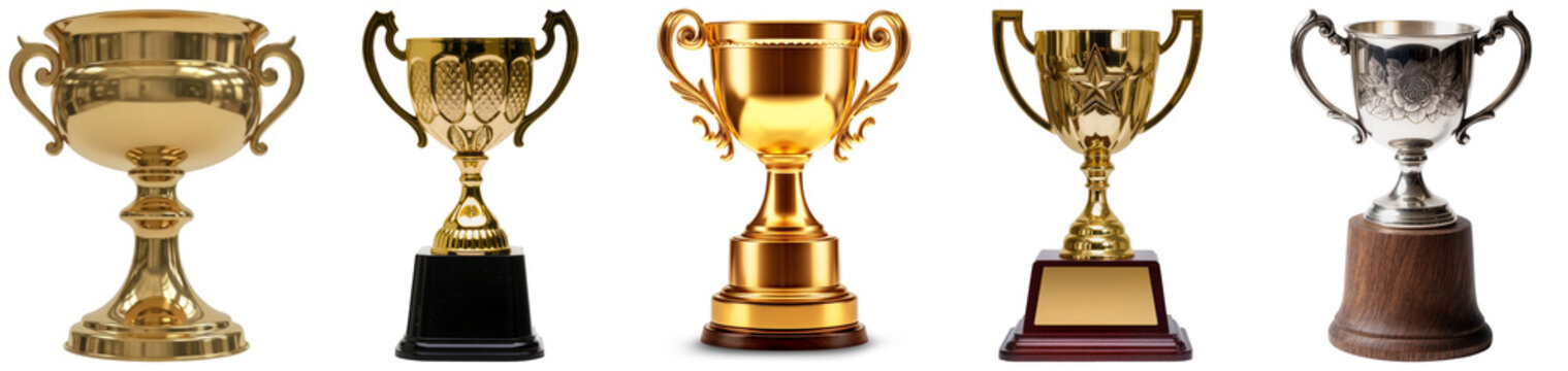 Collection of five trophies, including gold and silver cups, on a transparent background.