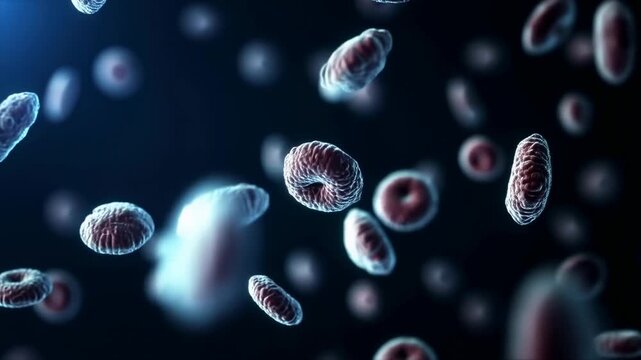 Translucent microscopic cells drift and rotate through a dark blue cellular environment. Medical education, microbiology presentations, and biotechnology advertising.
