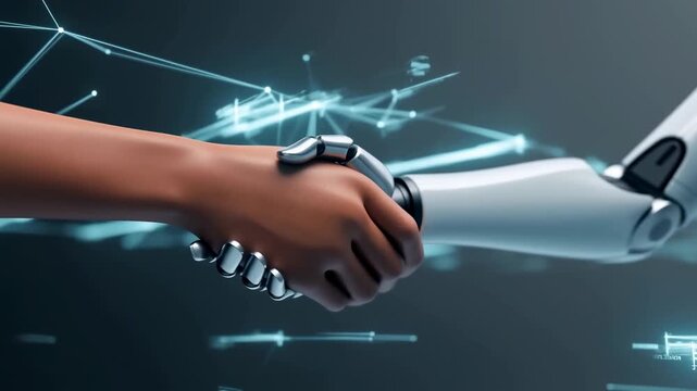 Human and robotic hands connect in a handshake within a glowing digital network. Artificial intelligence presentations, robotics marketing, and automation education.