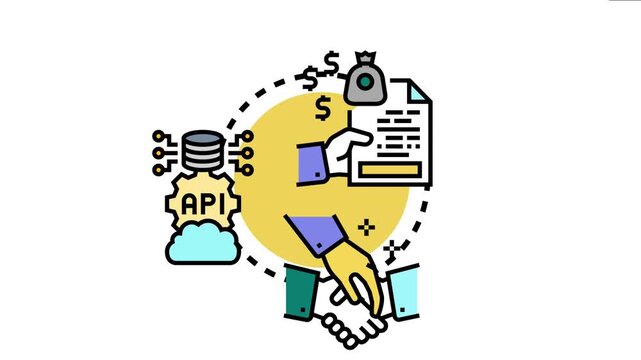 Enterprise liaison concept picturing handshake, financial agreement and advanced technology integration using cloud api for successful partnership building