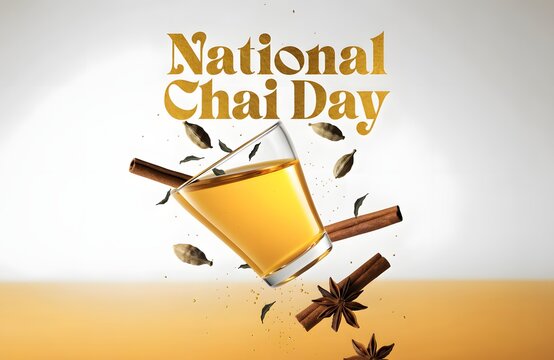National chai day celebration with floating spice infusion and glass of warm aromatic tea spiced tea masala chai cinnamon sticks star anise cardamom pods