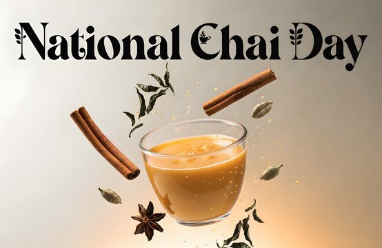 National chai day graphic with glass of spiced tea and floating cinnamon sticks and cardamom seeds masala chai floating spices hot beverage indian tea drink