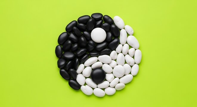 yin-yang symbol made from black and white pebbles