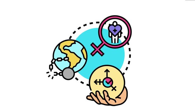 Vector depicting liberation and autonomy. Symbolizing empowerment. Choice. And human rights through images of a broken chain on a globe. And a hand holding a decision making icon