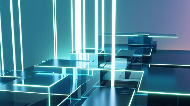 Glowing geometric platforms form a futuristic digital environment with reflective neon lines. Technology presentations, software promotion, and science media.