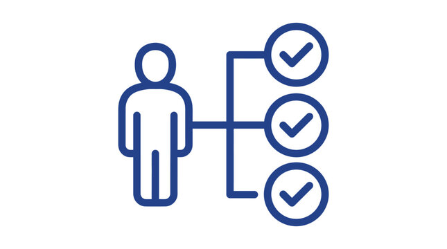 Minimalist vector graphic illustration showcasing a stylized human figure connected to three circular checkmark icons representing progress and successful completion