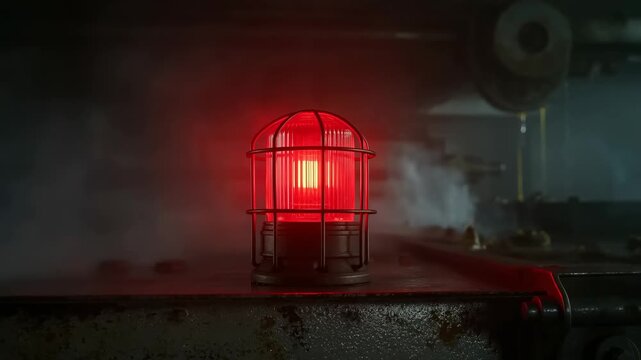 Red warning beacon pulses on industrial machinery amid drifting smoke. Industrial safety training, factory emergency communication, and workplace hazard campaigns.