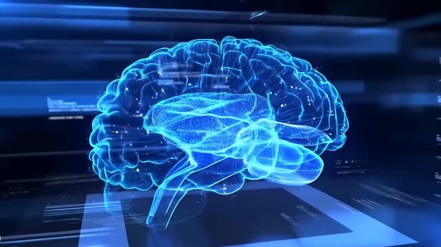 Glowing digital brain rotates within a futuristic interface of neural lines and data panels. Artificial intelligence presentations, neuroscience education.