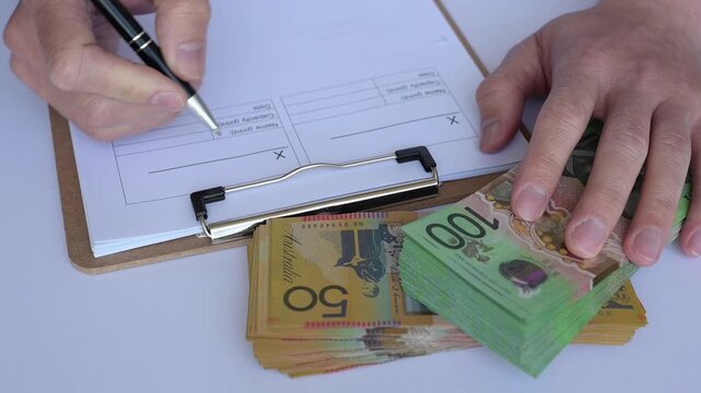 Saving money investment and financial planning concept. A man counting hundred and fifty Australian dollar bills in cash on hand as payment, savings, business funds, dividends, wealth.
