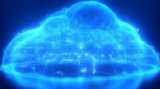 Glowing digital dome pulses with data rings and network traces in an abstract technological space. Technology presentations, cloud computing explainers, and digital transformation campaigns.