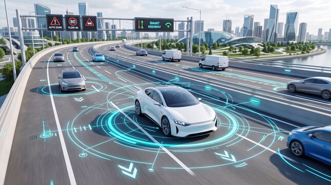 Autonomous electric car driving on smart highway with digital radar interface, representing intelligent transportation system, smart city infrastructure and self driving mobility.