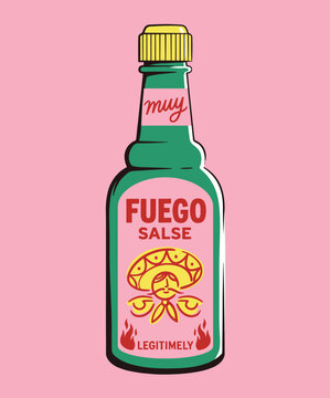 Hot sauce bottle vintage artwork. Fuego salse graphic print. Spicy chili condiment design.