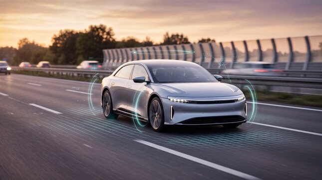 Autonomous electric vehicle driving on highway with digital sensor radar overlay grid, representing smart mobility, artificial intelligence technology and modern transport system.