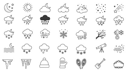 Obraz premium 35 Black Line Art Icons Depicting Weather, Seasons, Natural Phenomena, and the Environment