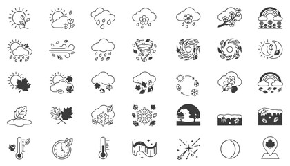 Obraz premium 35 Black Line Art Icons Depicting Weather, Seasons, Natural Phenomena, and the Environment