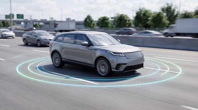 Silver autonomous vehicle driving on highway with digital radar sensor grid overlay, representing autonomous driving technology, intelligent transportation systems and smart mobility.