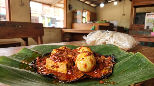 Traditional Javanese Tahu Telur with Red Chili Sambal on Banana Leaf at Authentic Local Warung Restaurant Interior with Wooden Furniture and Kerupuk in Background