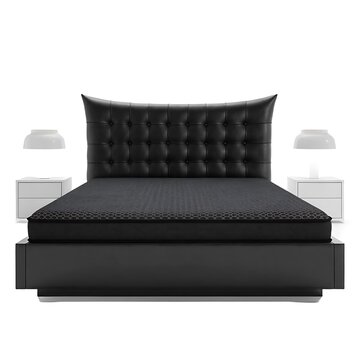 Modern luxury bed with tufted black leather headboard and dark bedding