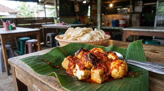 Authentic Indonesian Tahu Bakar Telur Sambal on Banana Leaf with Spoon Fork at Roadside Warung with Kerupuk in Woven Rattan Basket and Outdoor Market Street View