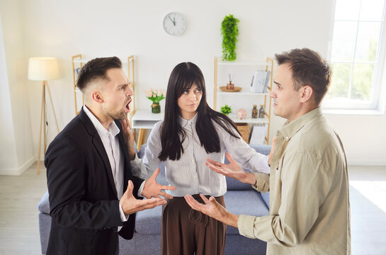 A woman mediates a conflict between two men in a living room. The men are in a heated argument cause of infidelity, rivalry, jealousy and broken relationships. Love rivalry convey tension.