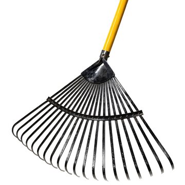 Garden lawn rake with black tines and a yellow handle isolated