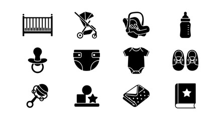 Obraz premium Baby Essentials Icons Set, Newborn Care Vector Graphics, Infant Items Collection, Childcare Symbols