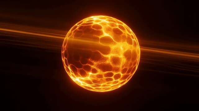 Glowing energy sphere rotates and pulses in a dark abstract field with streaming light streaks. Technology presentations, energy industry promotion, and science education.