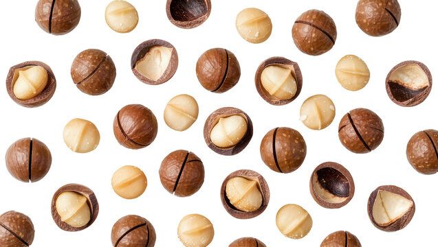 Whole and shelled macadamia nuts scattered, isolated on transparent background