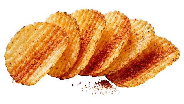 Crinkle cut potato chips seasoned with paprika and spices, isolated on transparent background