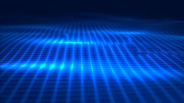 Glowing blue digital grid with flowing light waves in a futuristic abstract space. Technology presentations, software promotion, and data and computing content.