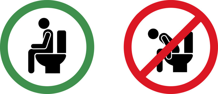 Instructional signs for proper toilet usage, showing the correct sitting position versus the incorrect squatting position on a toilet seat