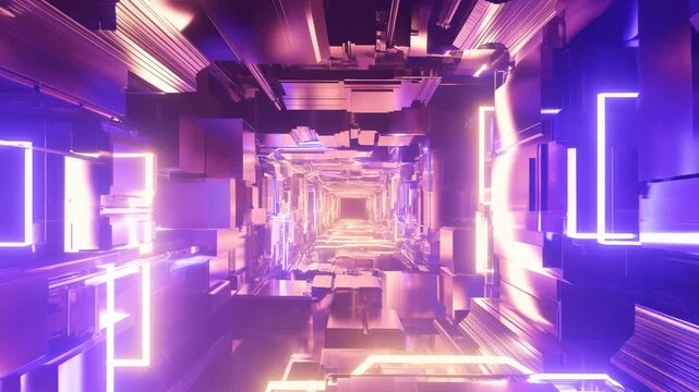 Luminous geometric neon tunnel recedes through futuristic digital space toward a bright vanishing point. Technology presentations, event screen, and science fiction titles.