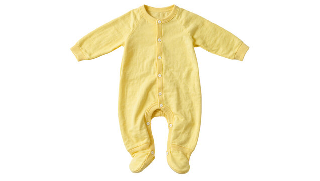 Soft yellow cotton baby footed romper with button closure, isolated on transparent background