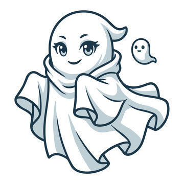 Cute cartoon ghost character with a friendly smile and flowing white sheet
