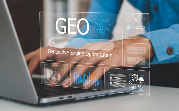 GEO Generative Engine Optimization, Close-up of businessman hand typing on laptop keyboard with search bar, Concept of AI SEO, digital marketing strategy and modern online search technology network