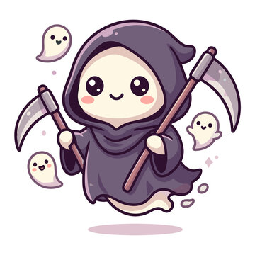 Cute cartoon grim reaper with scythes and friendly ghosts