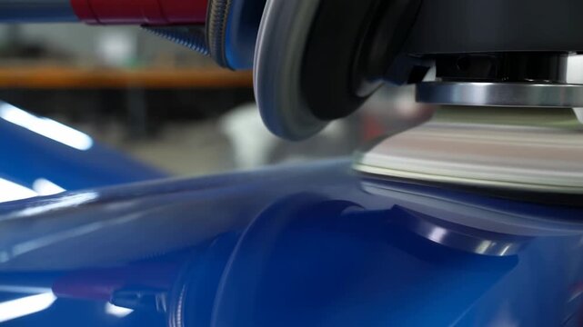 Automotive paint polishing machine buffs a glossy blue vehicle panel in an indoor workshop. Automotive detailing advertising, auto body shop marketing, and vehicle restoration education.