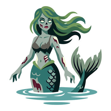 Undead mermaid with decaying skin and tattered tail emerging from water