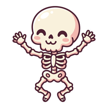 Cute cartoon skeleton character with arms raised in a happy greeting