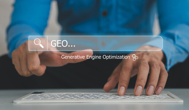 GEO Generative Engine Optimization, Close-up of businessman hand typing on laptop keyboard with search bar, Concept of AI SEO, digital marketing strategy and modern online search technology network