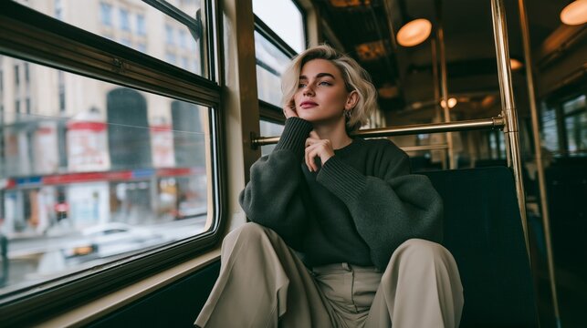 Young woman sits by bus window, gazing outward. She wears cozy knit sweater and soft trousers. Her expression shows quiet contemplation or daydreaming. Urban street passes by, blurred and rain-slicked