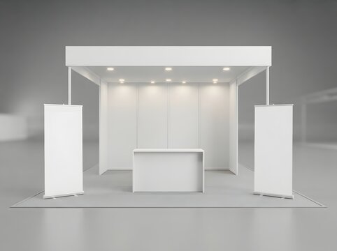 Empty white exhibition booth with retractable banners and counter on a gray floor