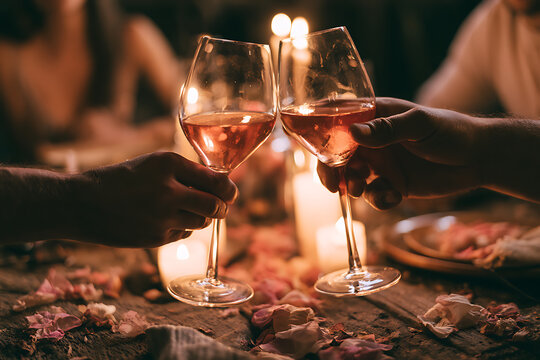 Couples toast with glasses of wine at a romantic dinner decorated with rose petals and candlelight