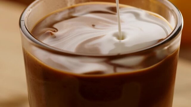 Milk pours into iced coffee in a close-up indoor tabletop preparation scene. Coffee shop beverage promotion, cafe menu advertising, and coffee preparation education.