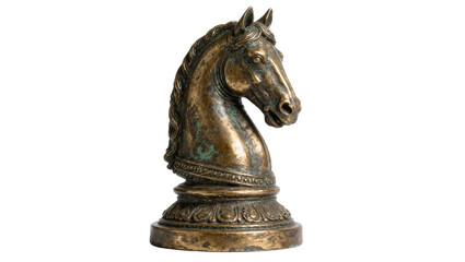 Antique bronze chess knight piece with ornate base, isolated on transparent background © Ozols