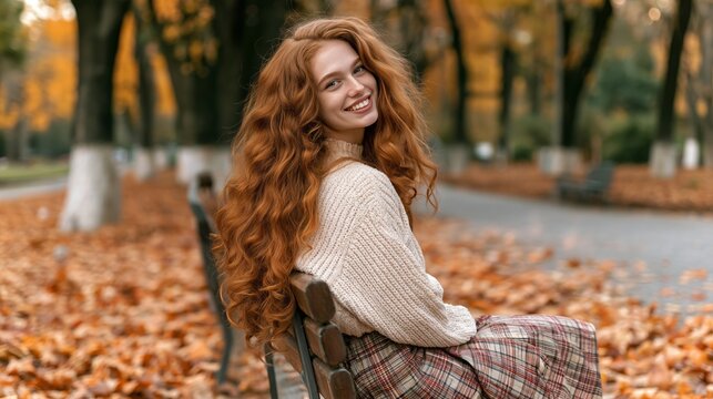 Warm autumn sunlight glows softly on a young woman. Her curly red hair cascades over her shoulders gently. She smiles, gazing away with a serene, content expression. She sits on a park bench