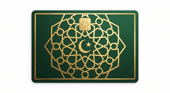 Luxury Islamic Credit Card with Golden Geometric Pattern and Crescent Star Chip