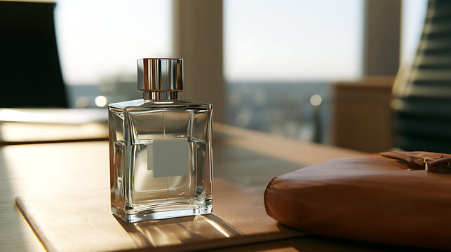 Elegant woman applying perfume in modern office setting during morning routine for daily grooming