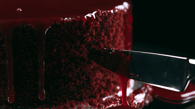 Halloween cake with red icing and a knife cutting into it in a dark setting